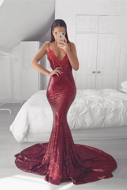 Spaghetti-Straps Mermaid Sequins Prom Dress PD0126