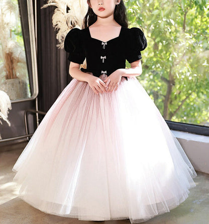 A-Line/Princess V-Neck Short Sleeves Floor Length Girl Party Dress with Crystals