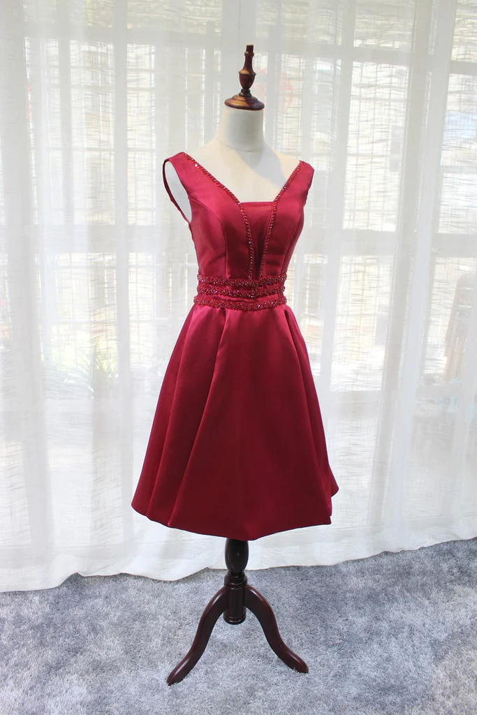 Beautiful Dark Red Satin V-Neckline Party Dress, Charming Short Homecoming Dress  gh531