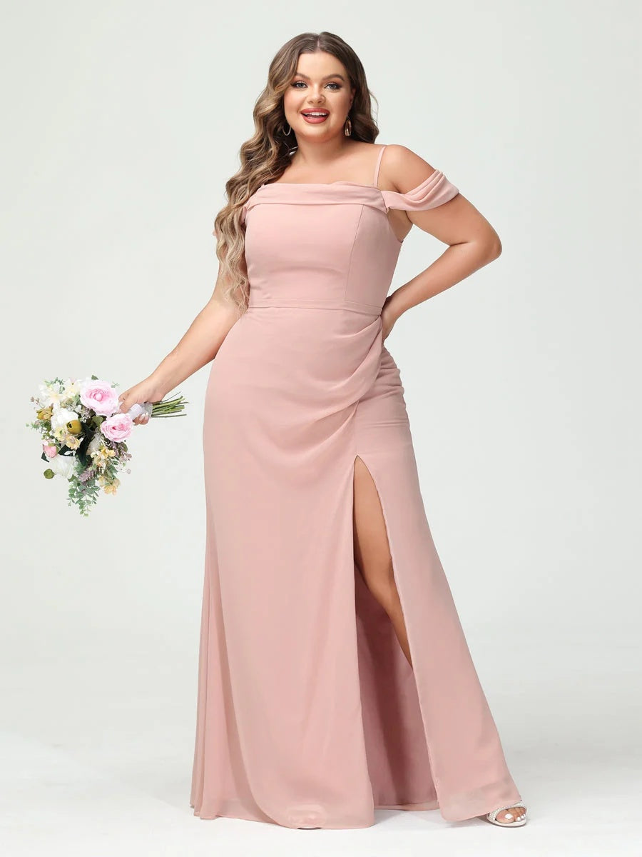 Sheath/Column Spaghetti Straps Off-the-Shoulder Chiffon Split Side Plus Size Bridesmaid Dresses