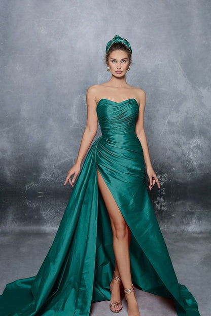 Blue Elegant Sleeveless Strapless Prom Dress with slit pleated ED0584