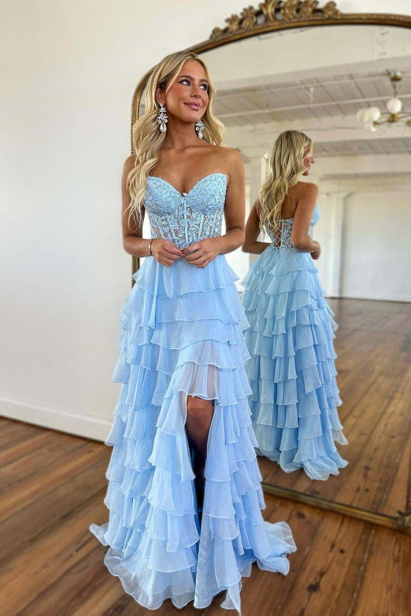 Sweetheart Lovely Split Chiffon Appliques Prom Dress ZT0156