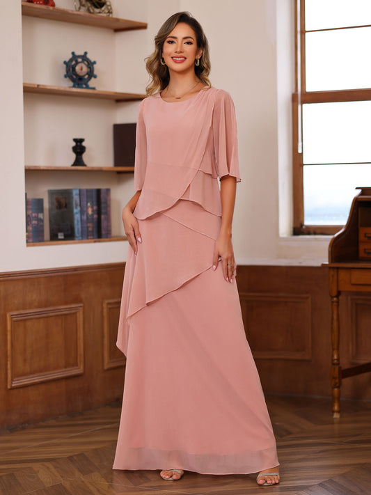 A-Line/Princess Scoop Neck Half Sleeves Floor-Length Mother of the Bride Dresses with Ruffles