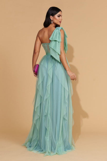 edgynewlook Glamorous Mint Tulle Sleeveless One Shoulder Long Prom Dress with Ruffles