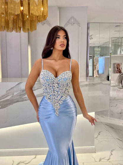 Baby Blue Mermaid Prom Dress Long Sweatheart Sleeveless With Beads YH0076