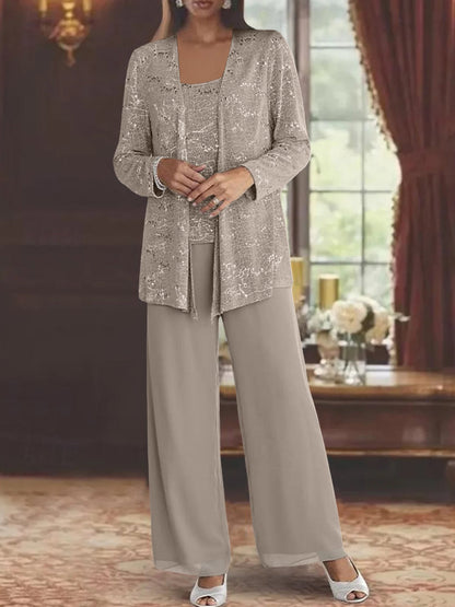 Chiffon Mother of the Bride Pantsuits with Jacket & Sequins