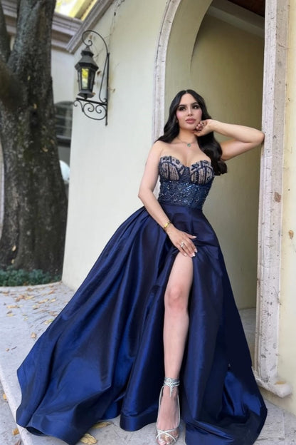 Dark Blue Split Sweetheart Sequins Prom Dress ZT0499