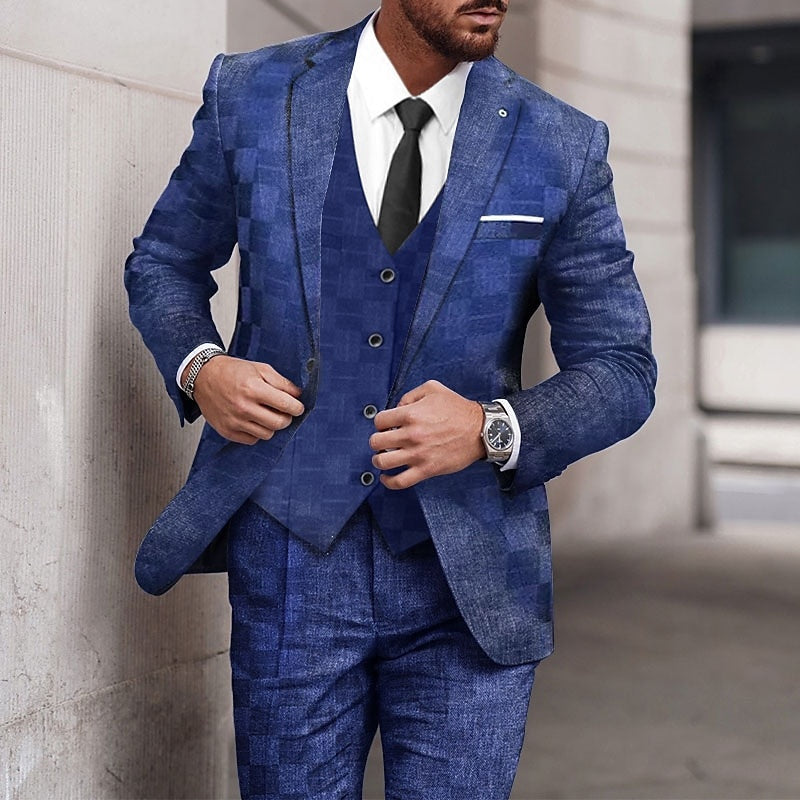 Royal Blue Men's Plaid Checkered Tailored Fit Single Breasted  3 Piece Wedding Homecoming Suits