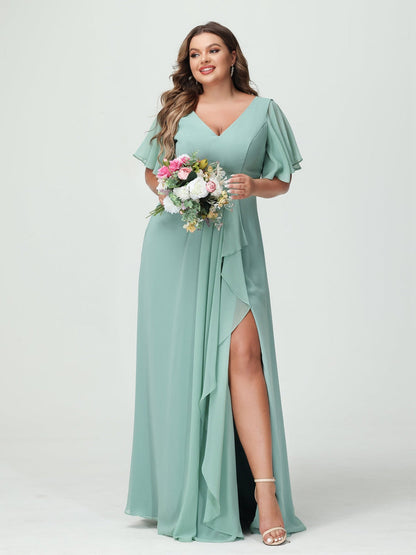 A-Line/Princess V-Neck Half Sleeves Chiffon Plus Size Bridesmaid Dresses with Split Side & Ruffles