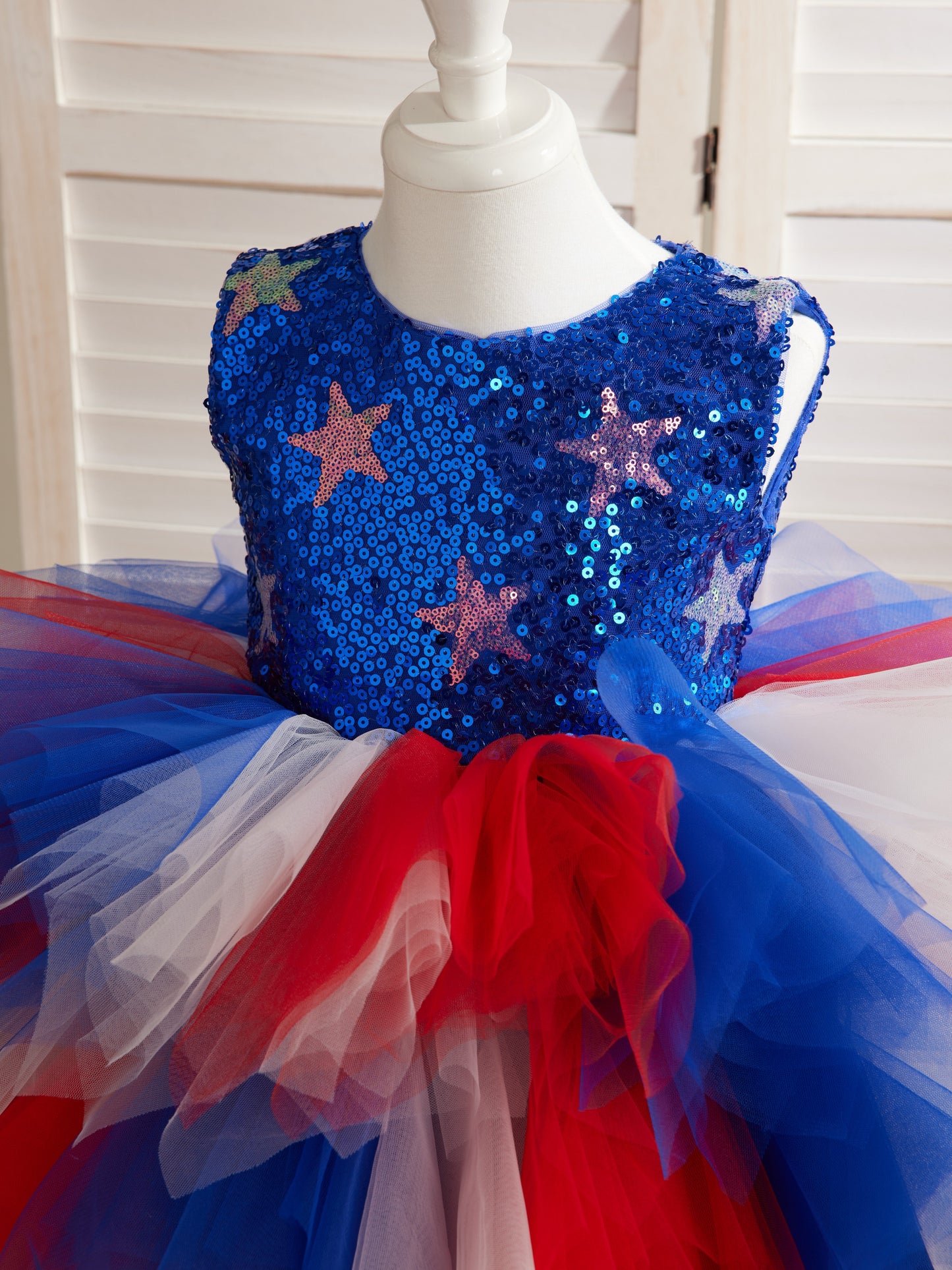 Star Sequins Tulle Knee-length Blue Girl Dress