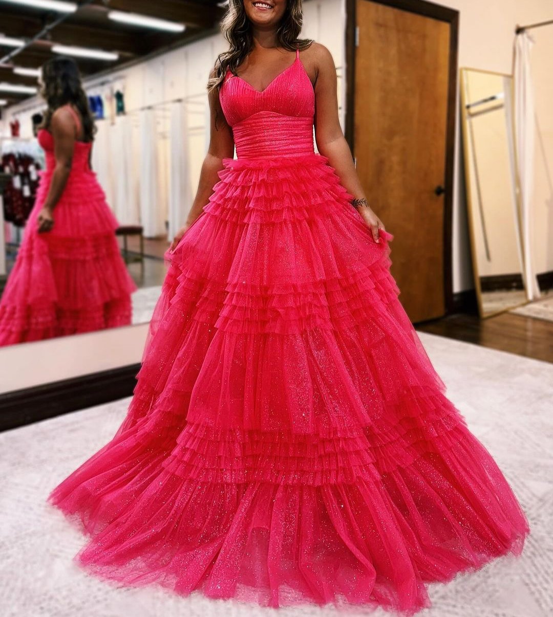 Emerson |A-Line Deep V Neck Tiered Long Glitter Tulle Prom Dress