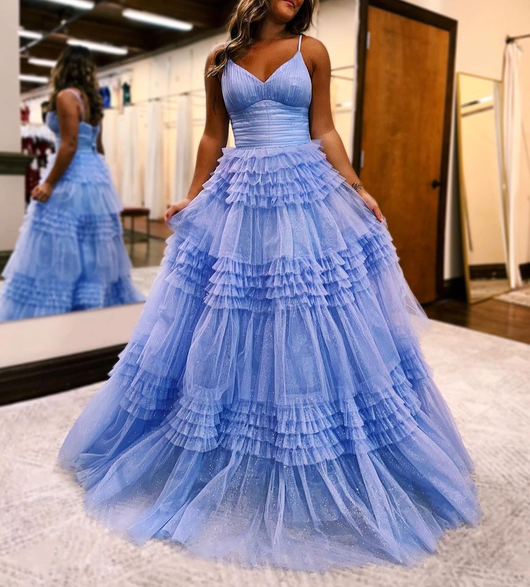 Emerson |A-Line Deep V Neck Tiered Long Glitter Tulle Prom Dress