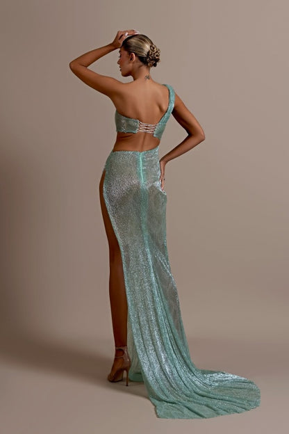 edgynewlook Mint Green One Shoulder Long Prom Dress Sleeveless with Split