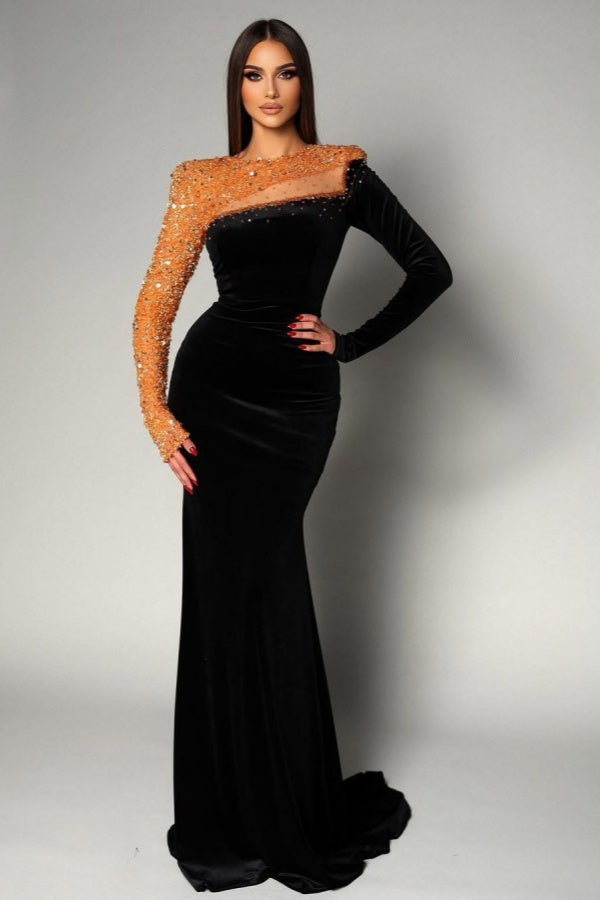 edgynewlook Black Velvet Long Prom Dress Mermaid Long Sleeves with Sequins