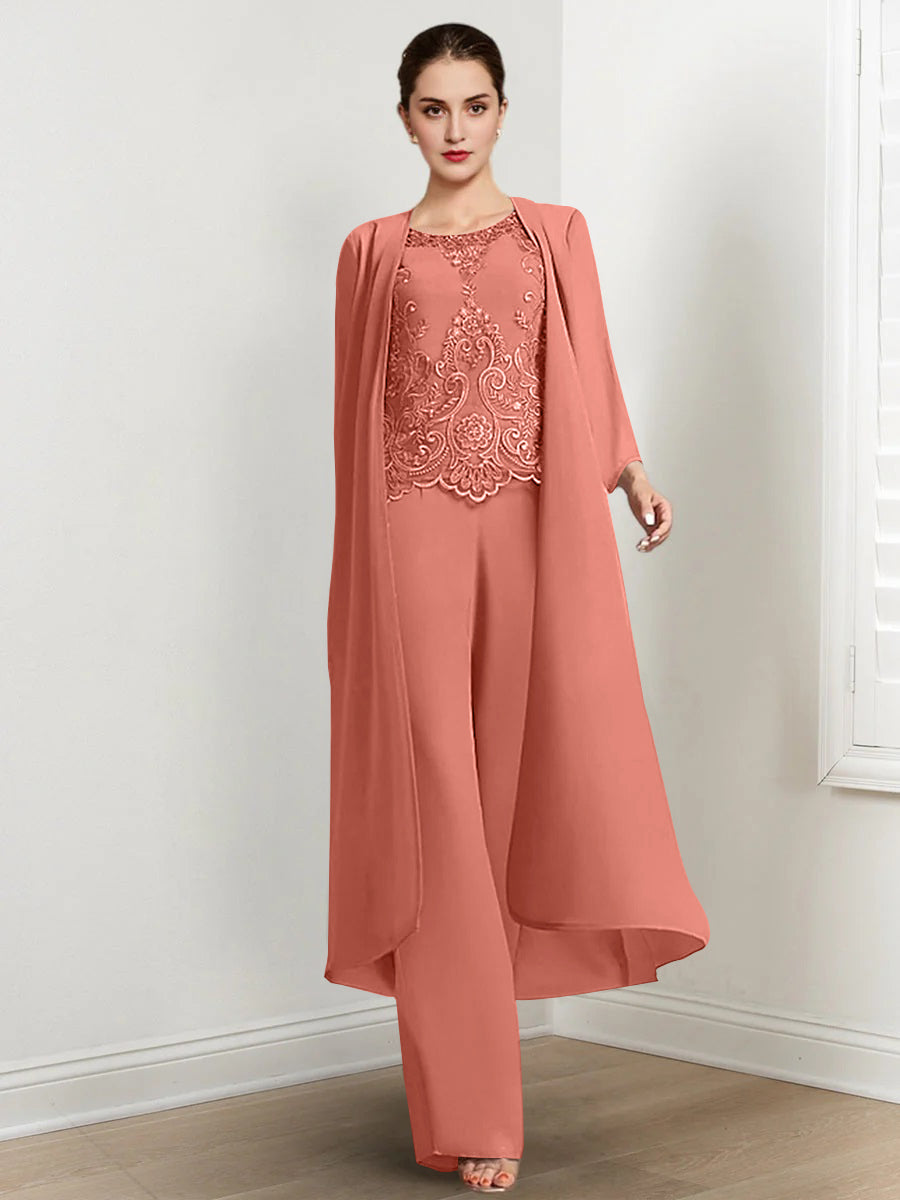 Chiffon Round Neck Floor-Length Mother Of The Bride Pantsuits With Jacket & Applique