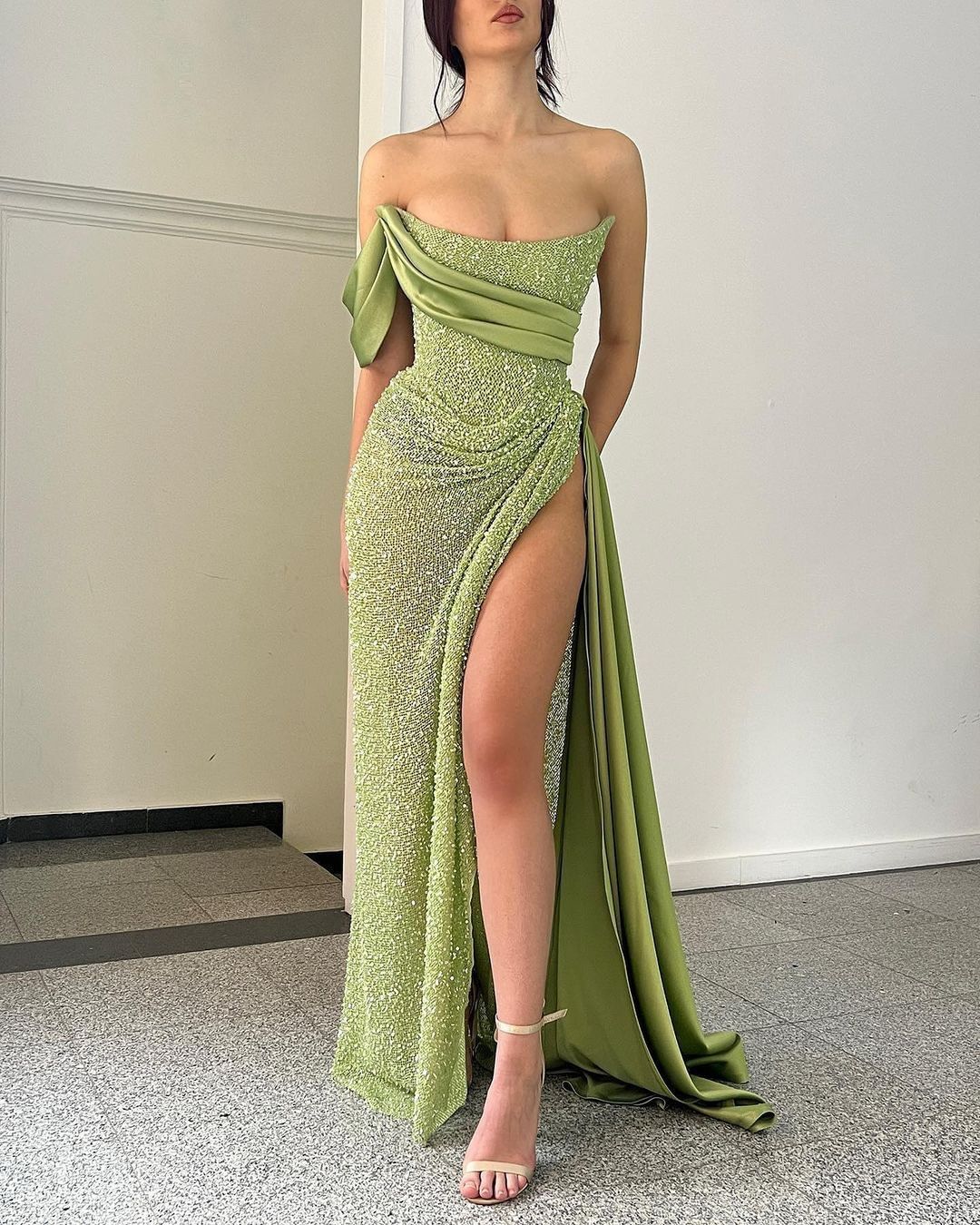 Green Strapless Split Chic Sequins Prom Dress With Satin ZT0157