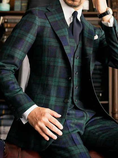 Dark Green Men's Tailored Fit Single Breasted Two-buttons  3 Piece Plaid Wedding Suits