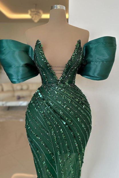 edgynewlook Charming Dark Green Sequins Off the Shoulder Strapless Long Prom Dress with Beadings