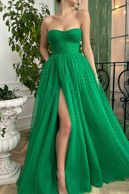 Edgynewlook Elegant Green Sleeveless Sweetheart Split Prom Dress Tulle