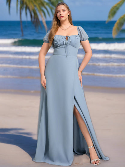 A Line/Princess Square Neck Short Sleeves Chiffon Plus Size Bridesmaid Dresses with Ruffles & Split Side