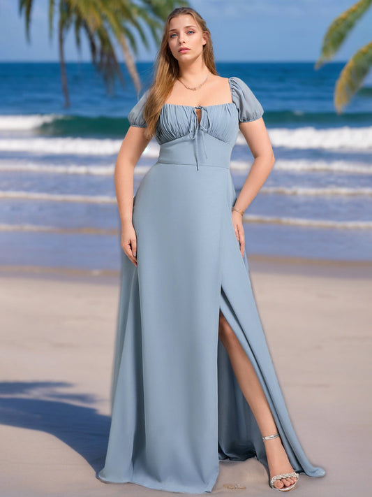 A Line/Princess Square Neck Short Sleeves Chiffon Plus Size Bridesmaid Dresses with Ruffles & Split Side