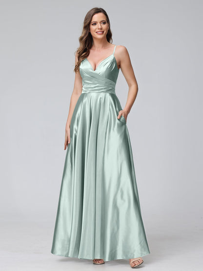 A-Line/Princess V-Neck Sleeveless Ankle-Length Silk Satin Bridemaid Dresses with Pockets & Split Side