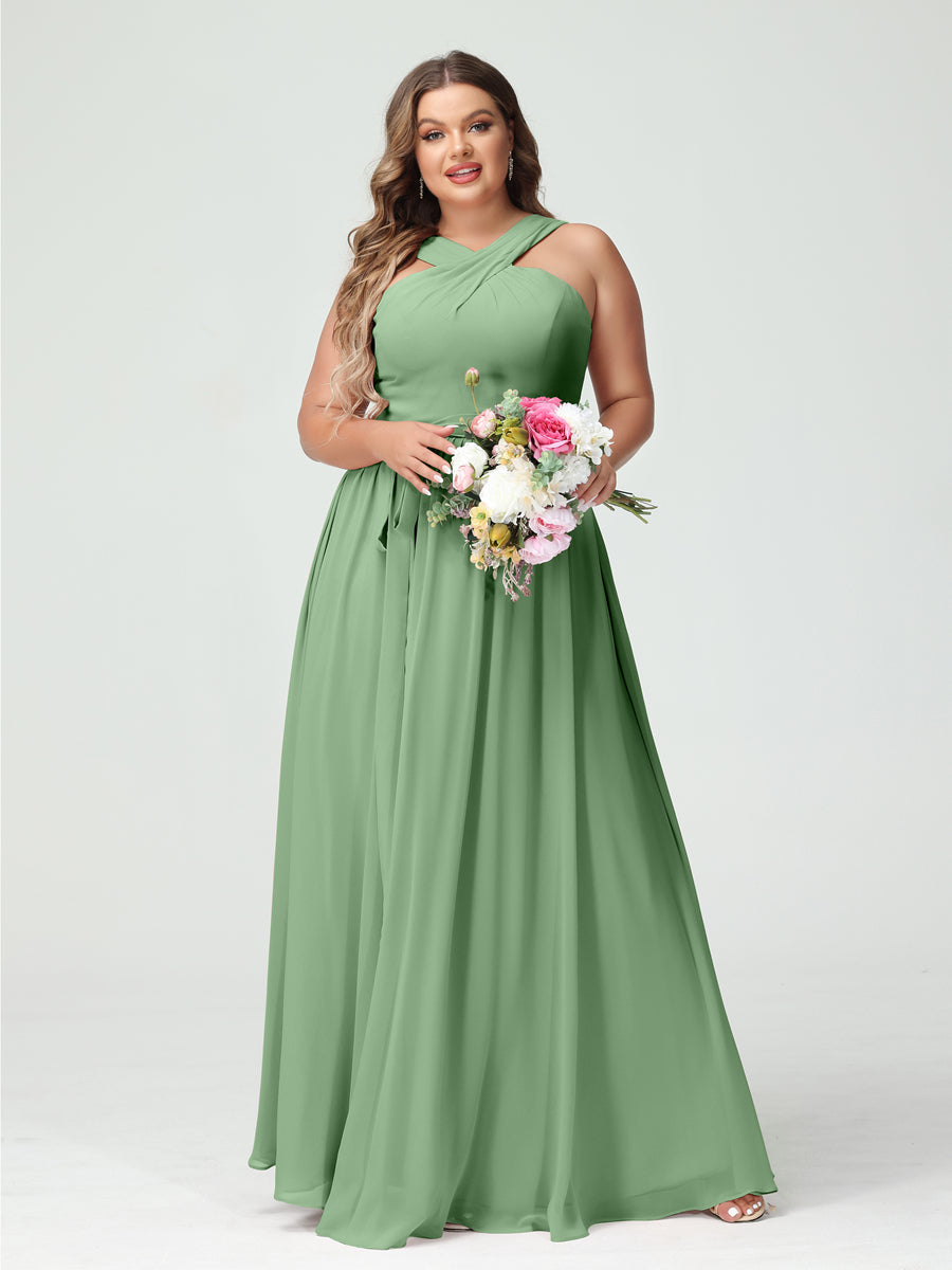 A-Line/Princess/Princess Criss Cross Sleeveless Chiffon Plus Size Bridesmaid Dresses with Sash