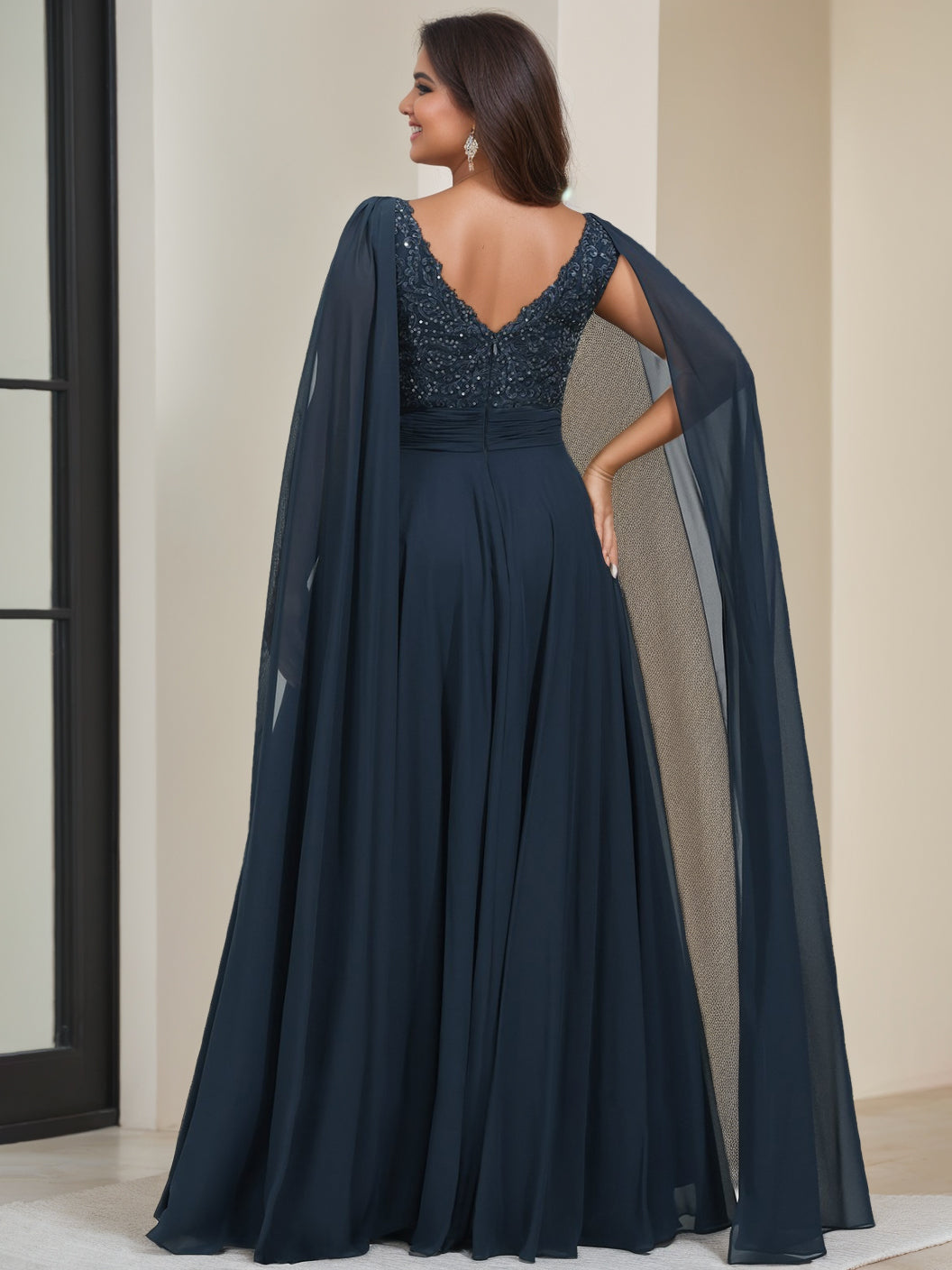 A-Line/Princess V-Neck Sleeveless Floor length Plus Size Mother of the Bride Dresses with Sequins & Watteau Train