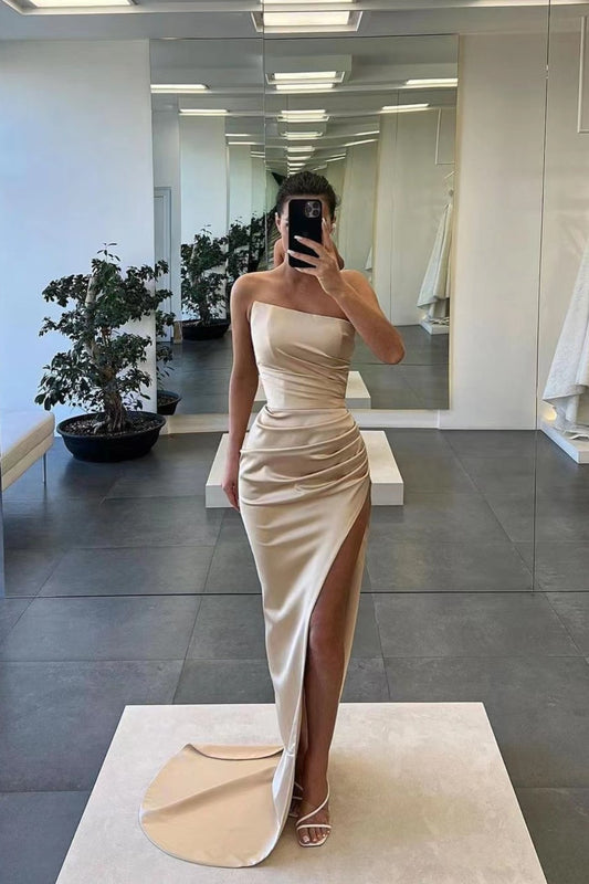 Gorgeous Sleeveless Satin Long Mermaid Prom Dress with Split ST0001