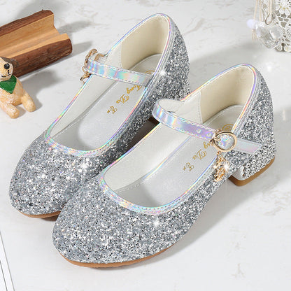 Sparkling Sequins Low Heel Round Toe Minimalist Girl's Shoes with Buckle & Pearl