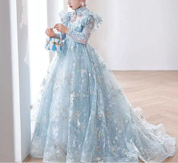 A-Line/Princess Long Sleeves Lace Girl Party Dress with Appliques & Train