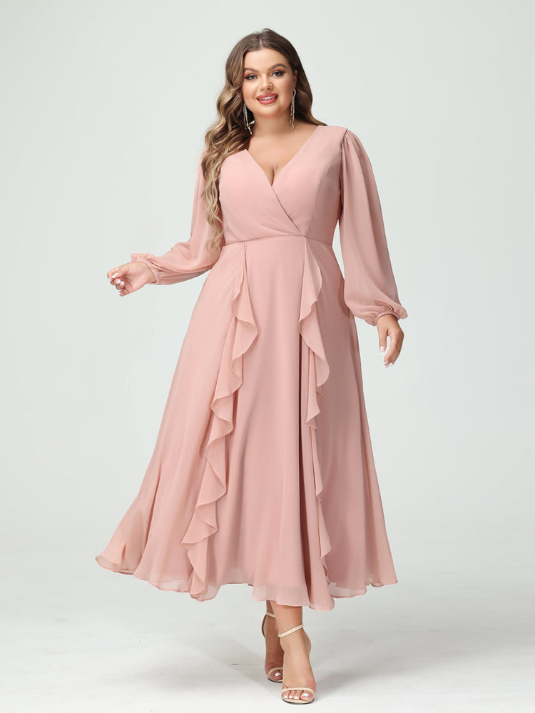 A-Line/Princess/Princess V-Neck Long Sleeves Chiffon Tea-Length Plus Size Bridesmaid Dresses with Pockets & Ruffles