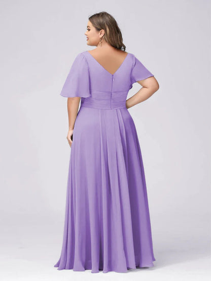 A Line/Princess V-Neck Short Sleeves Plus Size Bridesmaid Dresses with Split Side