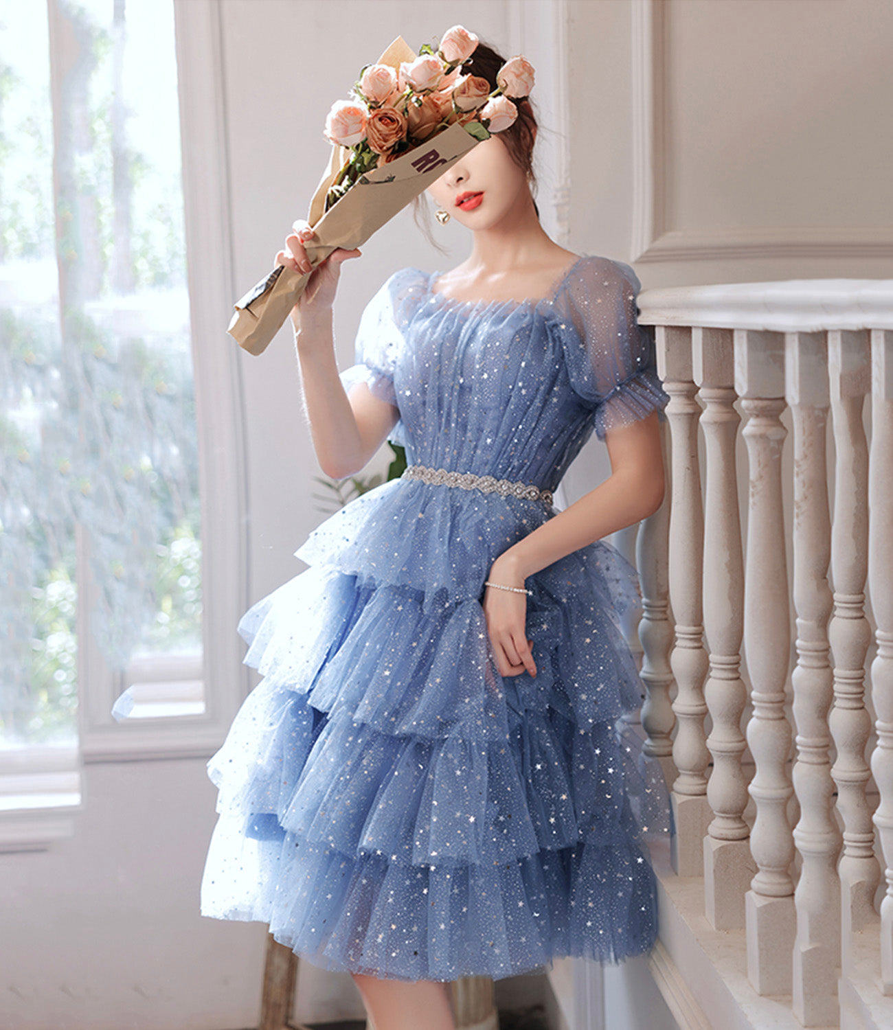 Blue tulle short A line prom dress homecoming dress  8897