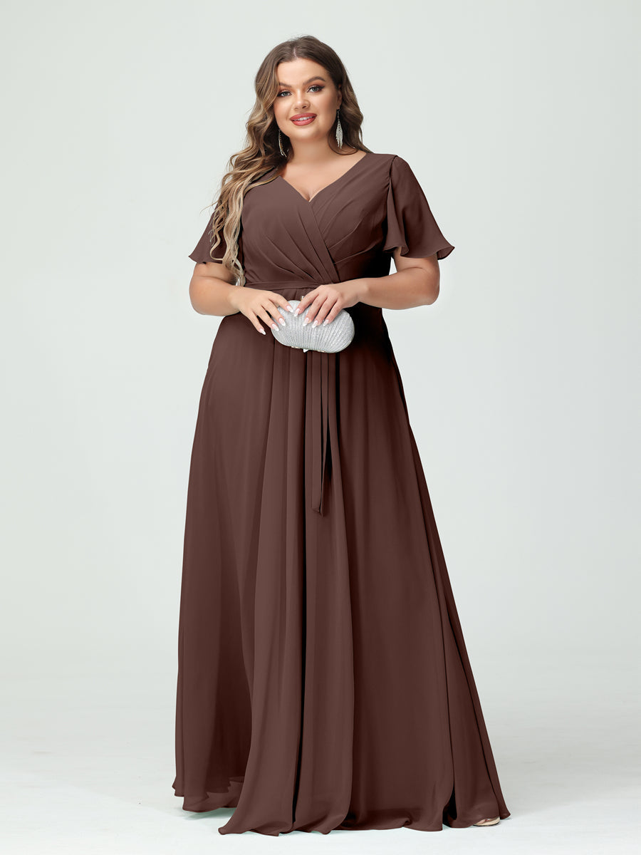 A-Line/Princess V-Neck Short Sleeves Plus Size Bridesmaid Dresses with Pockets Belt & Split Side