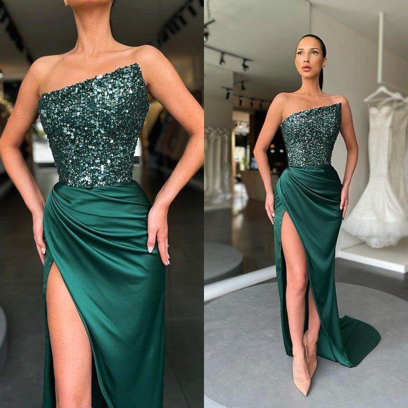 Dark Green Sequins Prom Dress With Split PD055