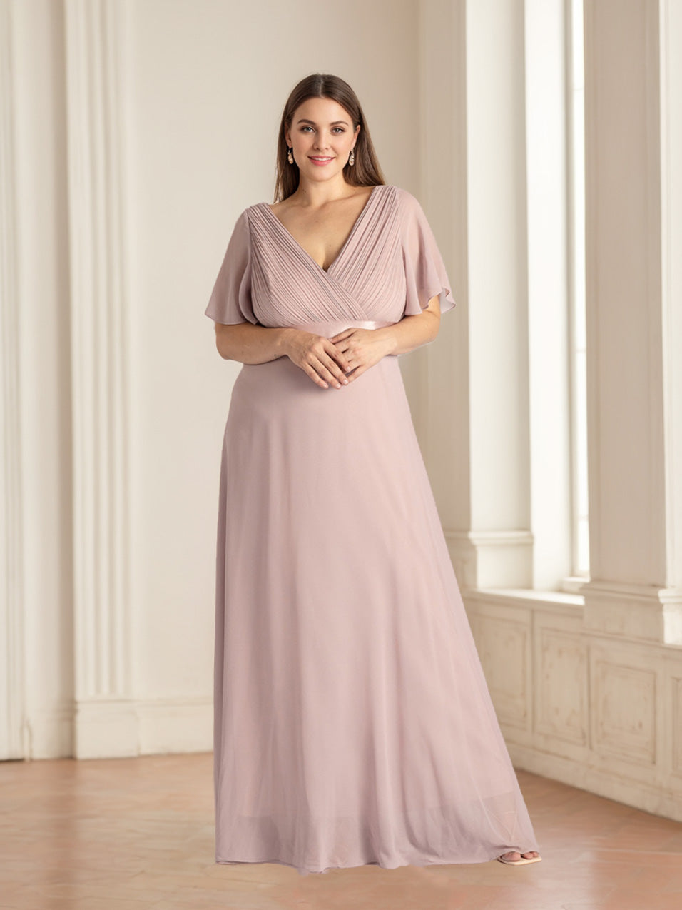 A Line/Princess Deep V-Neck Short Sleeves Floor-Length Plus Size Bridesmaid Dresses with Ruffles