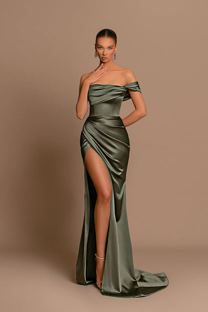 Off The Shoulder Charming Sage Green Prom Dress Sleeveless Slit Pleated