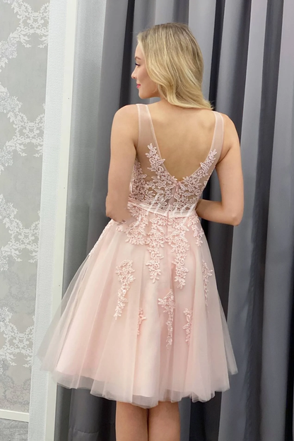 A-line Pink Short Homecoming Dress with Lace Appliques gh1551