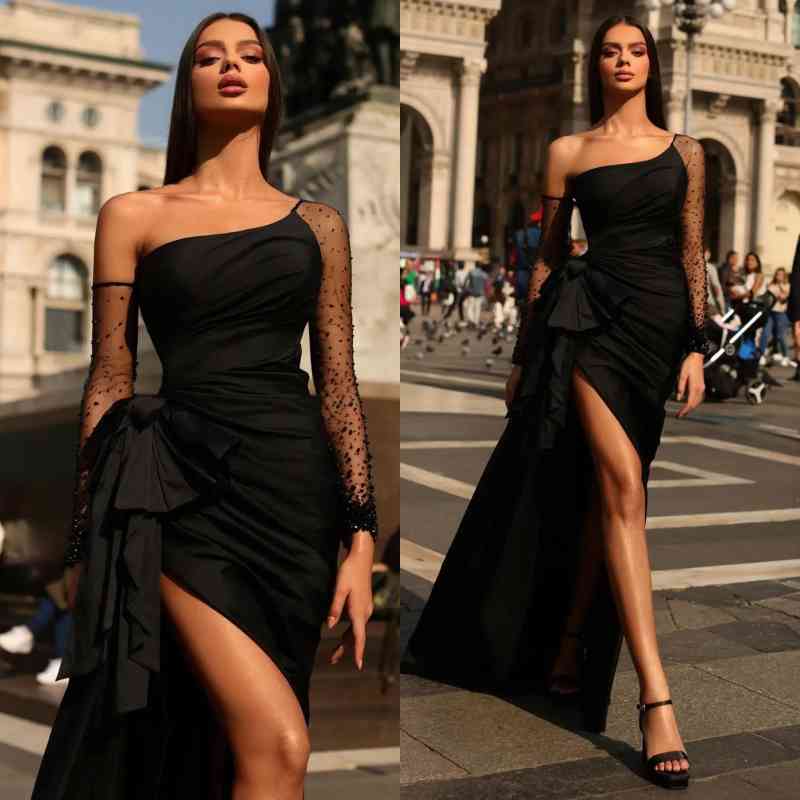 Black Prom Dress Long Sleeves Tulle One Shoulder With Pleated Slit ED0756