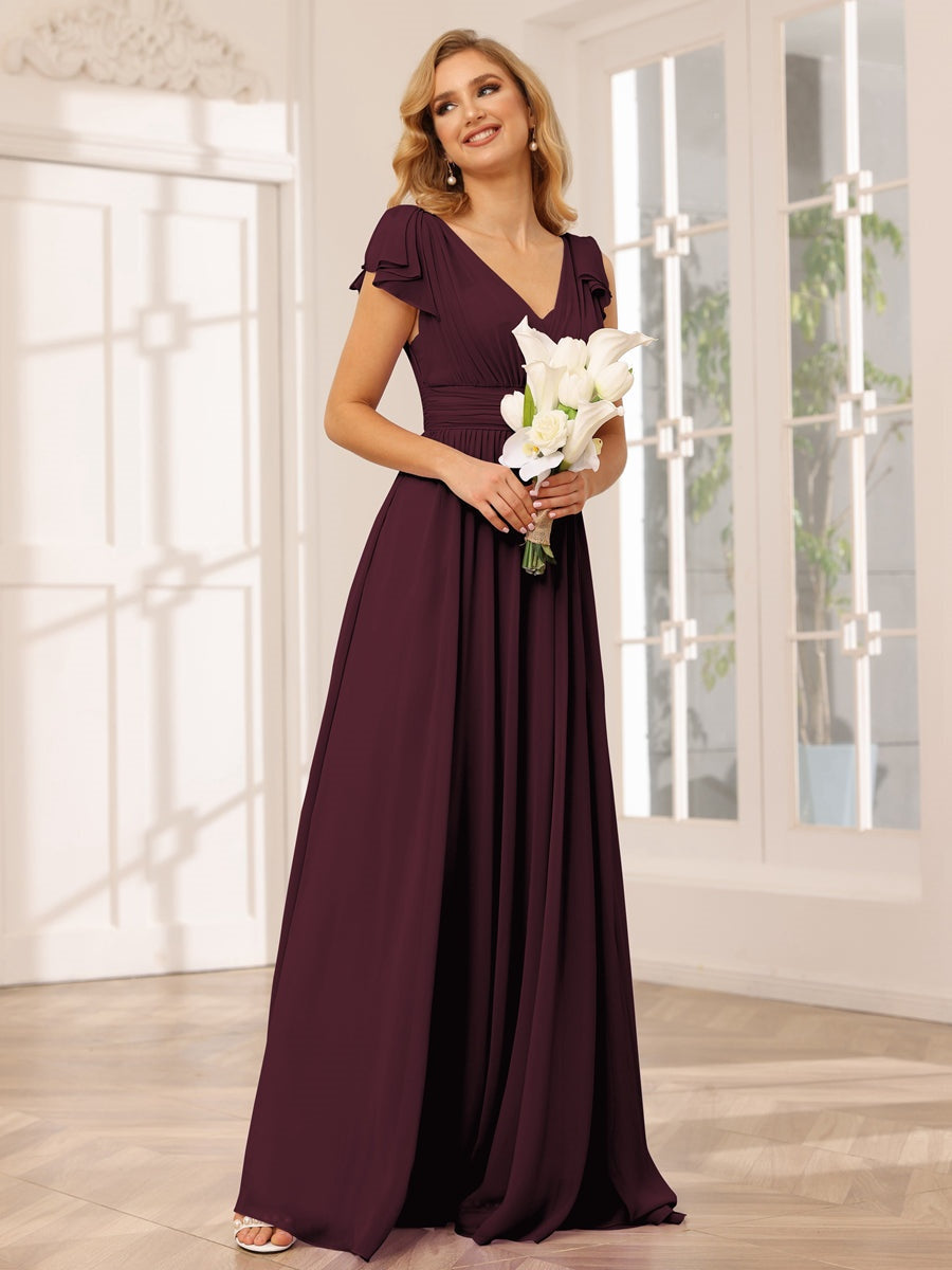 A-Line/Princess V-Neck Short Sleeves Long Bridesmaid Dresses with Ruffles