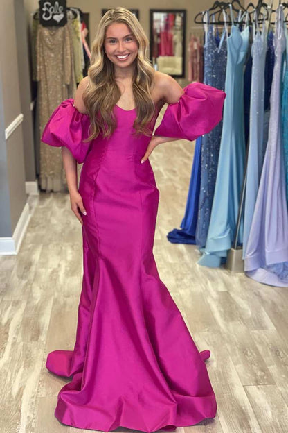 Magenta Satin Strapless Trumpet Long Prom Dress