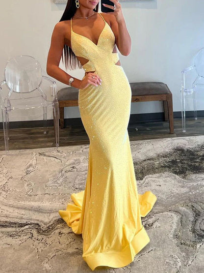 Glint | Sparkly Mermaid V Neck Yellow Sequins Long Prom Dresses