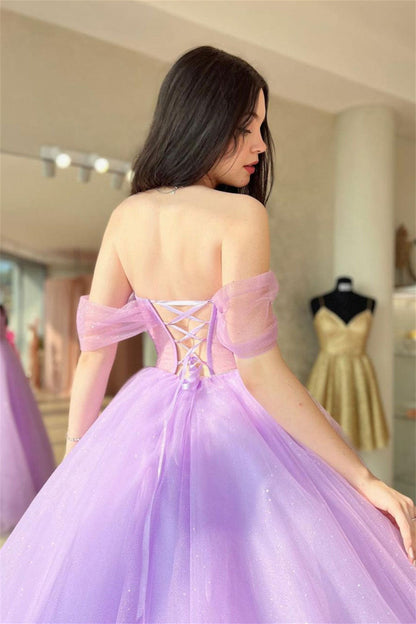 Tia | Lilac Off-the-Shoulder Lace-Up Tulle Long Prom Dress