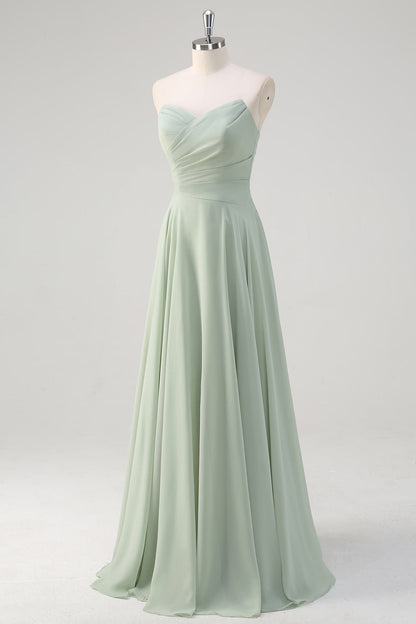 Matcha A Line Strapless Ruched Chiffon Long Bridesmaid Dress