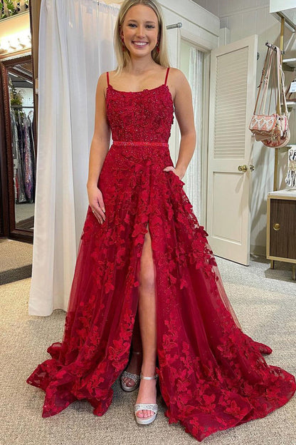 Shana | Cute A Line Scoop Neck Red Lace Prom Dresses with Beading