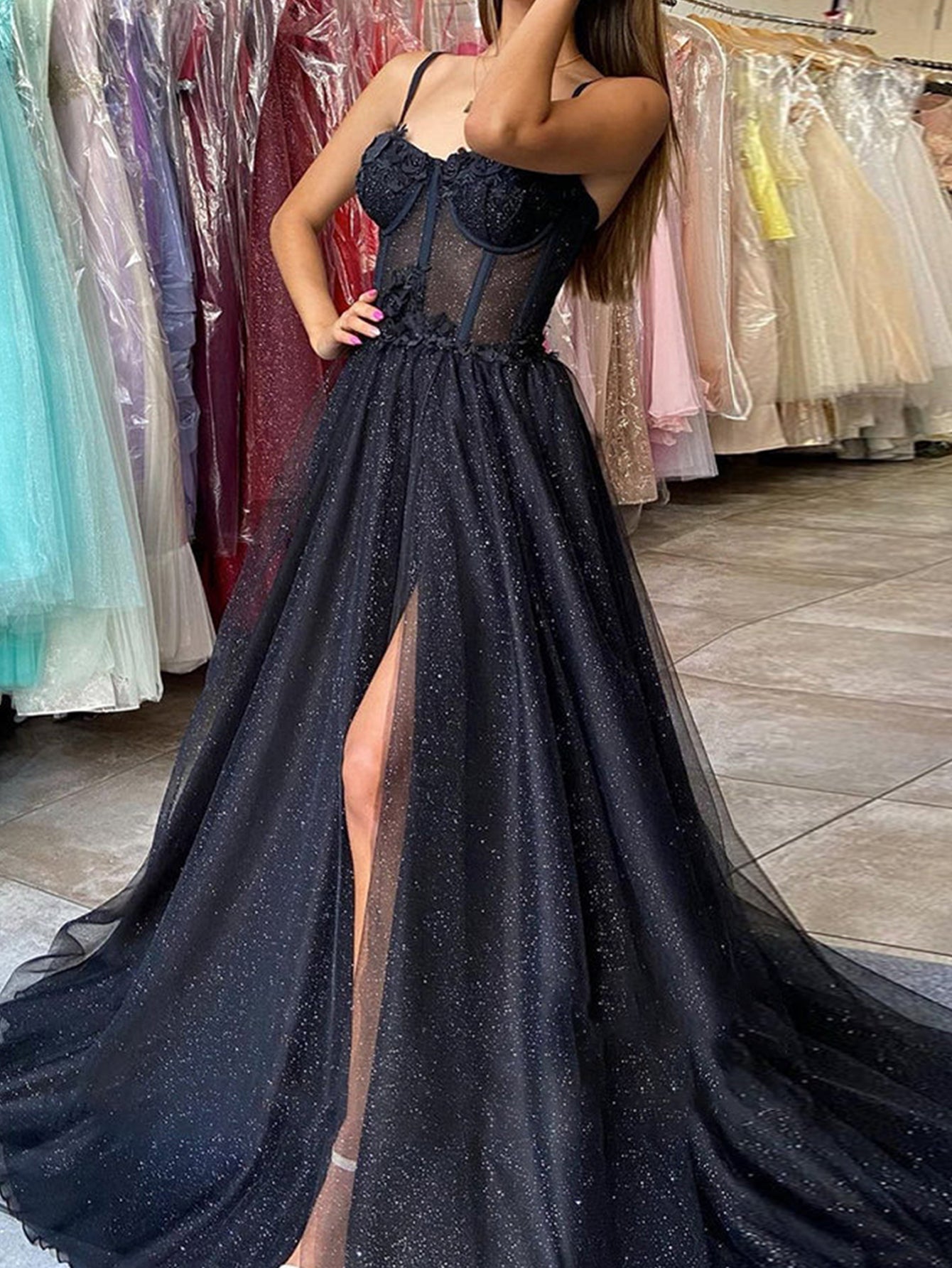 Keily |A-line Spaghetti Straps Glitter Tulle Prom Dress