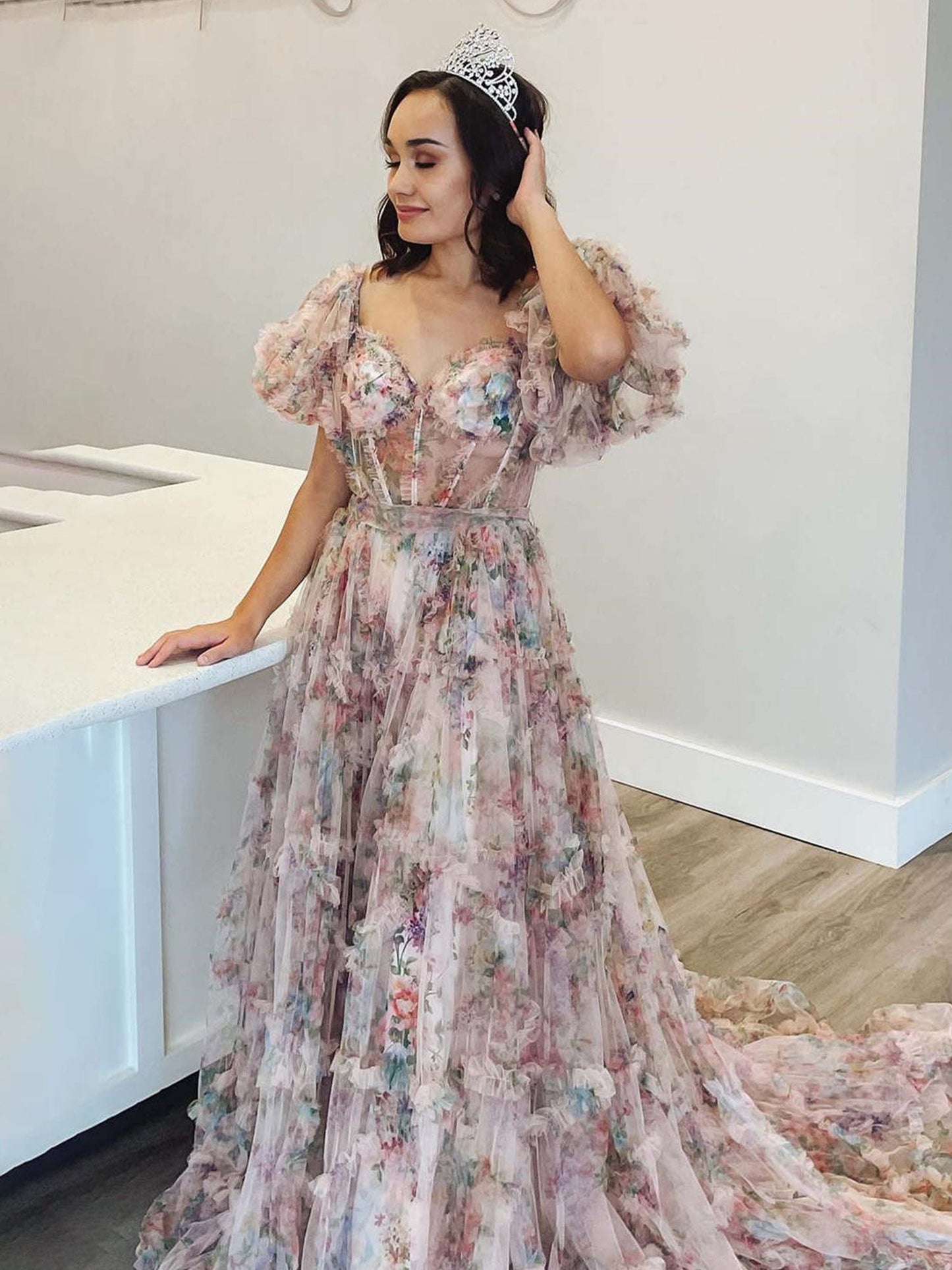 Sydney |A Line Off The Shoulder Floral Tulle Prom Dress