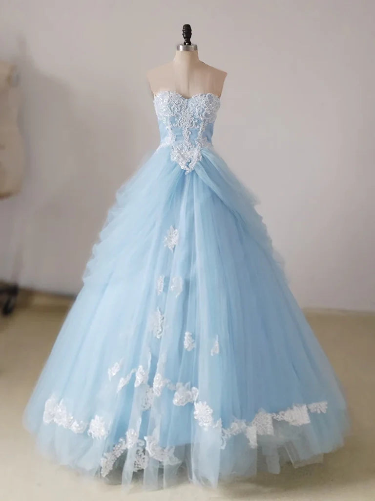 A-Line Lace Sweetheart Neck Blue Long Prom Dress