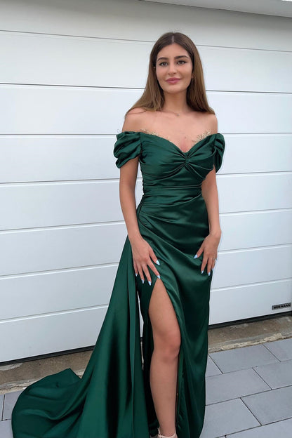 Dark Green Sweetheart Mermaid Front Split Prom Dress With Off-The-Shoulder Beadings ED0308